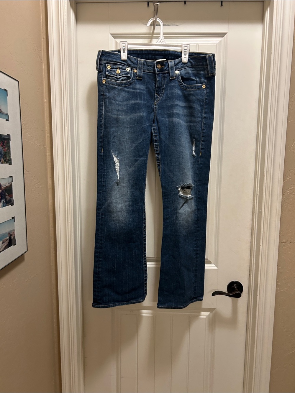 True Religion  Distressed Dark Blue Stretch flare Jeans